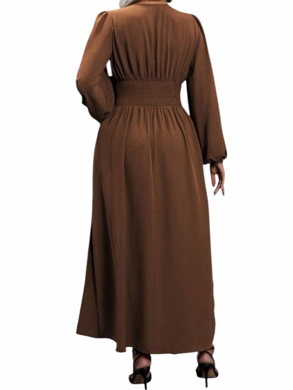 🆕SHEIN V-Neck Ruched Waist Lantern Sleeve Side Split Hem Elegant Dress - Picture 2 of 9